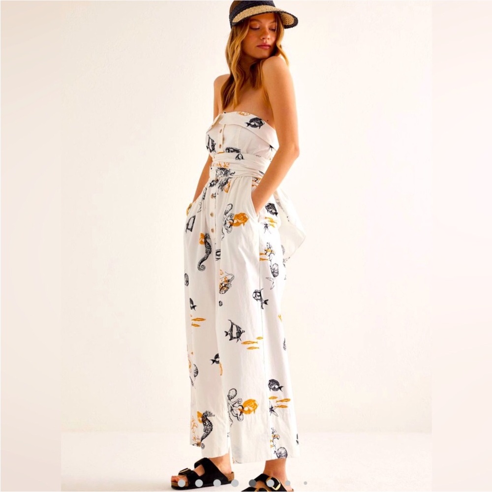 Anthropologie Maeve Sea Creatures Strapless Buttondown Wide-Leg Jumpsuit - Picture 16 of 16